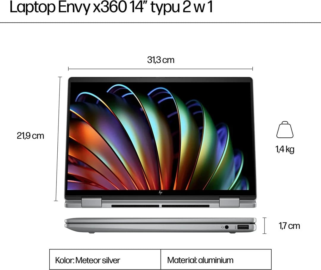 Laptop HP ENVY x360 14-fa0400nw, Ryzen 5, 16 GB RAM, 512 GB SSD, Glacier Silver