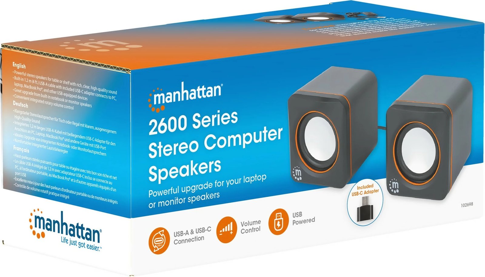 Kufje stereo Manhattan 2600 Series, 2.0 kanale, 6W, USB-A/USB-C, zi/portokalli