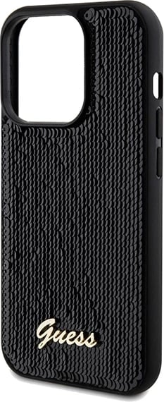 Mbështjellës Guess Sequin Script Metal për iPhone 14 Pro Max, i zi