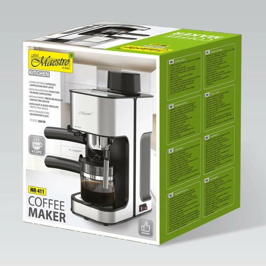 Aparat kafeje presion, Feel-Maestro MR-411, 800W, 3.5 bar, rezervuar 240 ml, shkumëzues qumështi, ngrohës filxhanësh, zi/argjendtë
