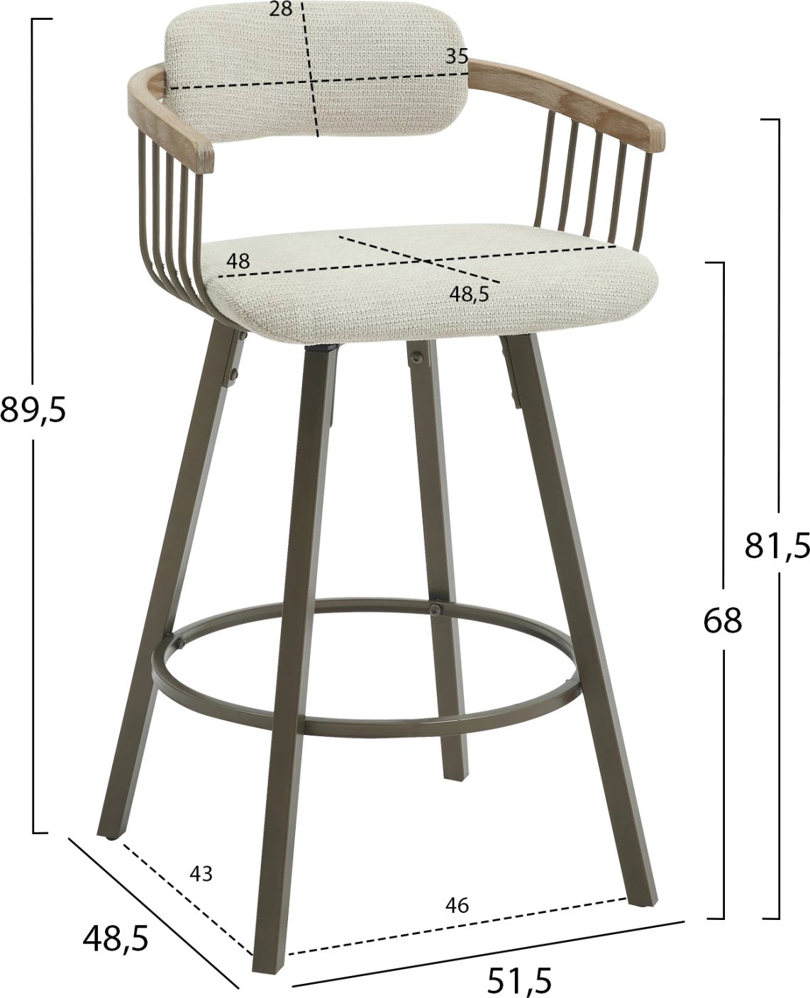 Karrige për bar rrotulluese LANG FH9990.01, metal ngjyrë bakri antik, pëlhurë ecru, 51.5x48.5x89.5H cm