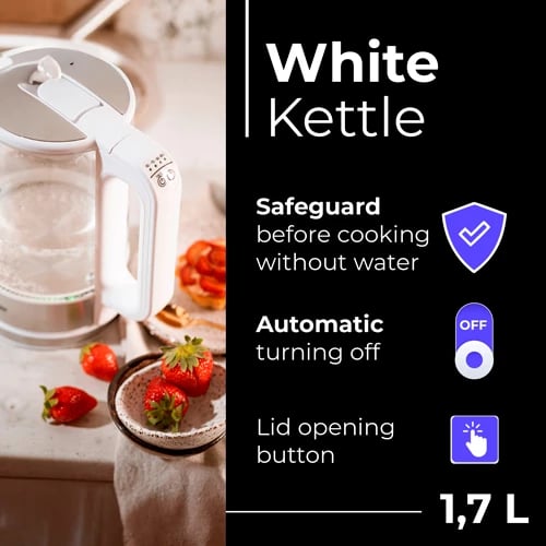 Çajnik elektrik qelqi, Mesko, MS1301, 1.7 L, kontroll temperature, LED, i bardhë