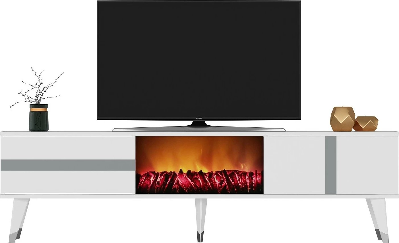 Komodë TV me oxhak elektrik, ngjyrë e bardhë dhe argjendtë, Vania Fireplace