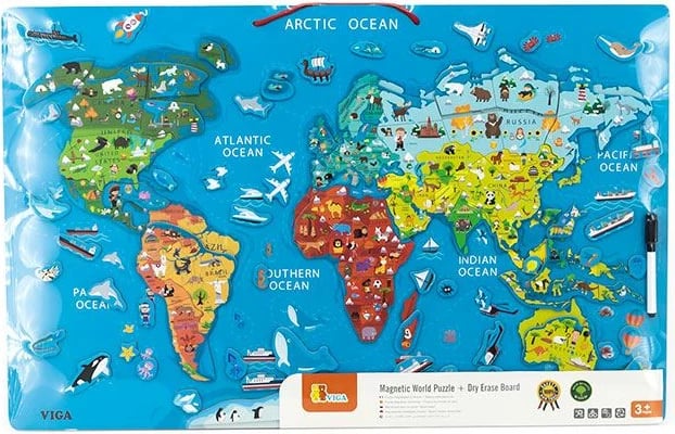 Hartë bote magnetike prej druri, Viga, tabelë vizatimi, 725x460mm, mbi 3 vjeç, multicolor, set 106 copë