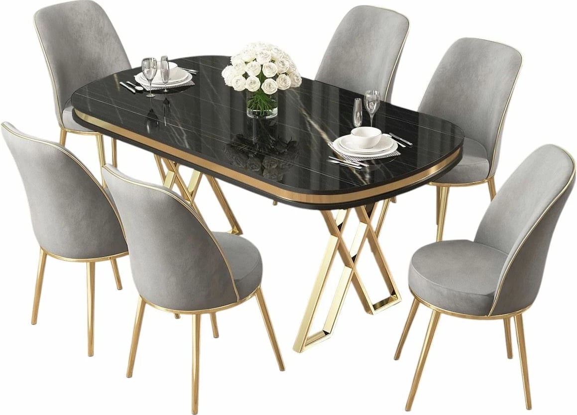 Tavolinë me karrige (7 copë), Skye Decor, ngjyrë mermeri të zi, ar, gri