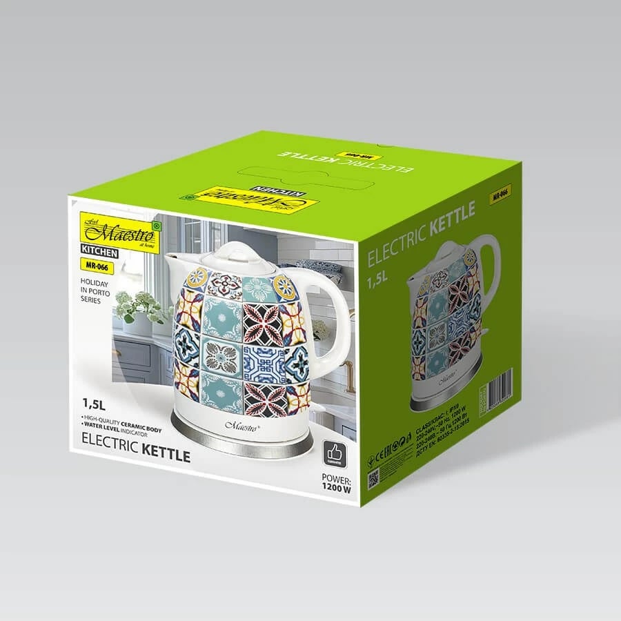 Ibrik elektrik qeramike Maestro MR-066-PORTO, 1.5L, Bardhë me motive mozaiku