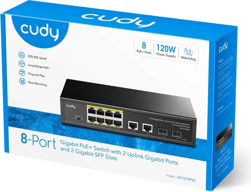 Switch PoE Gigabit, Cudy GS1010PS2, 8x PoE+ 1G, 2x uplink 1G, 2x SFP, buxhet 120W, rack/desktop