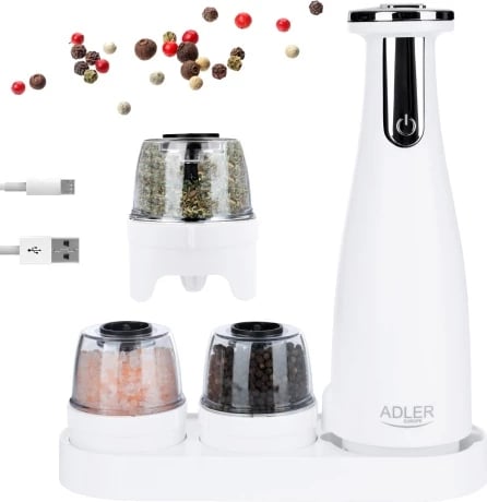 Mulli elektrik për kripë e piper, Adler AD 4449, 3 bluarsë të këmbyeshme, rregullim imtësie, 150 ml, bateri 1500mAh, USB‑C, e bardhë mat, set