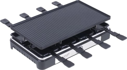 Grill elektrik raclette, Adler AD 6616, 1400W, pjatë 42x23cm, dyanshe jo-ngjitëse, 8 tiganë + 8 shpatulla druri, e zezë