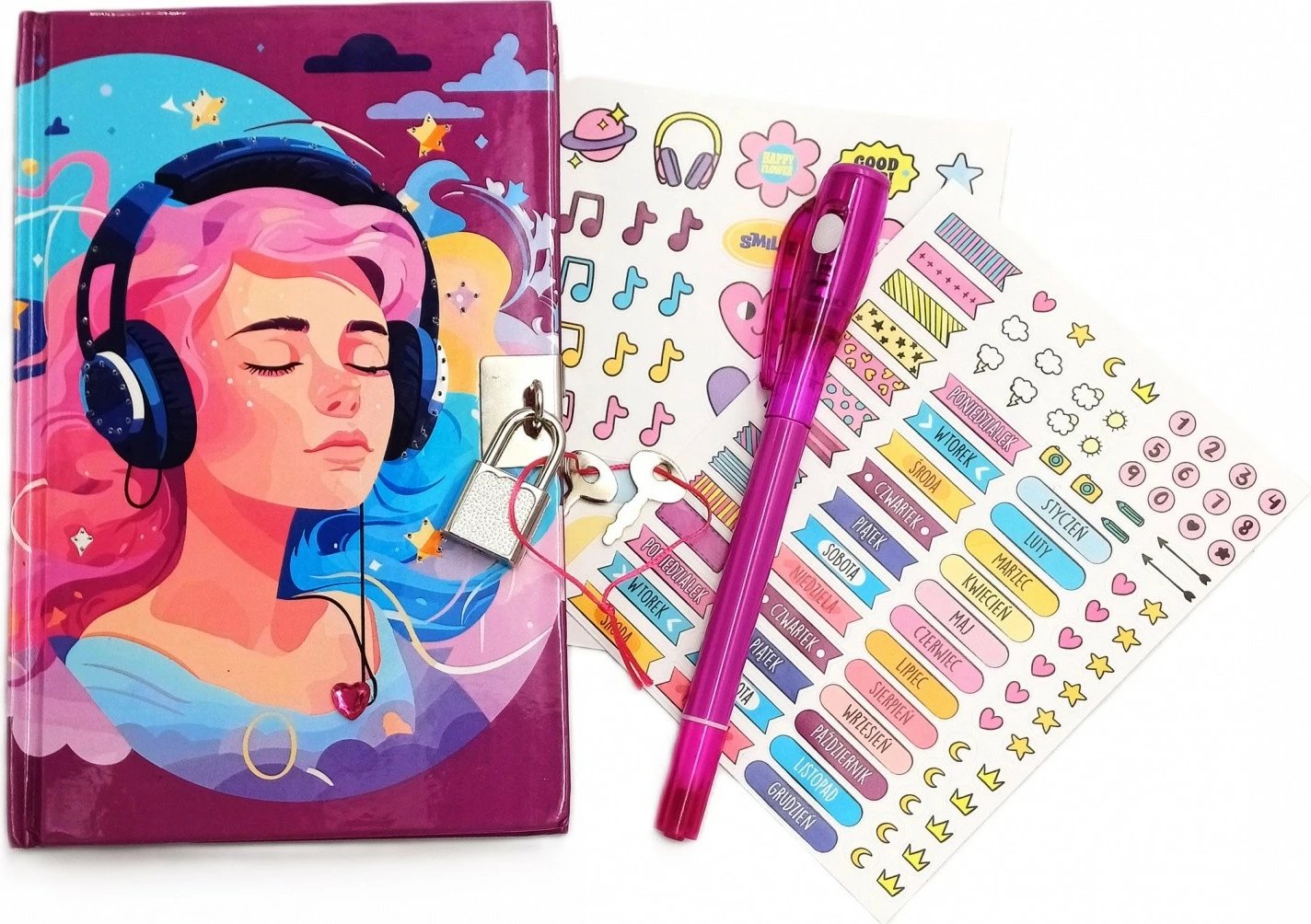 Ditar magjik me drita LED Stnux Magic Light Music Diary, me stilolaps dy-majësh dhe ngjitëse, për vajza