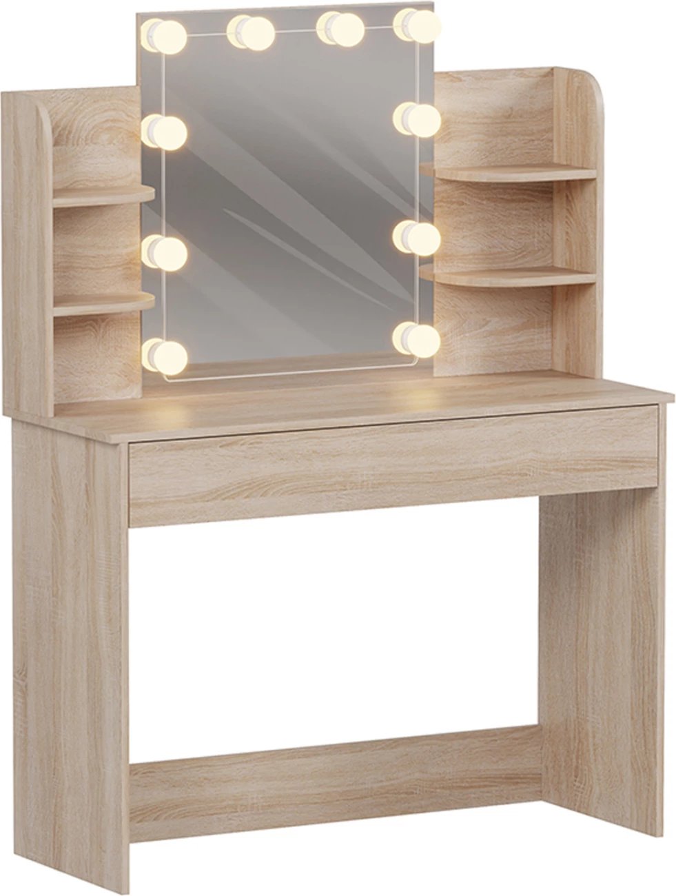 Tavolinë grimi me drita LED, rafte, sirtarë, Lauryn FH2502.01, ngjyrë sonama, 101.8x40x139.5H cm