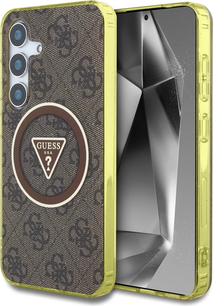 Mbështjellës Guess 4G Glitter Triangle Buttons MagSafe për Samsung Galaxy S25, Kafe