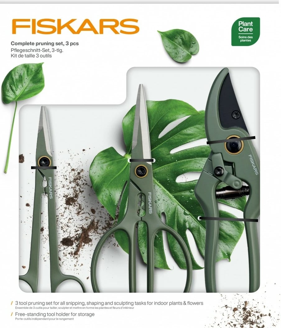 Set mirëmbajtjeje për bimë, Fiskars 1075317, 3 copë, sekator 18 mm, gërshërë për gjethe dhe gërshërë precize, me mbajtëse, jeshile