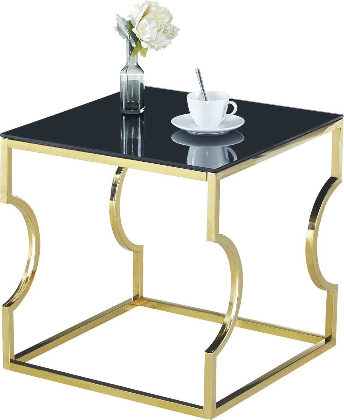 Tavolinë ndihmëse Amara FH8616.02 me xham të zi dhe bazë të artë 55x55x55