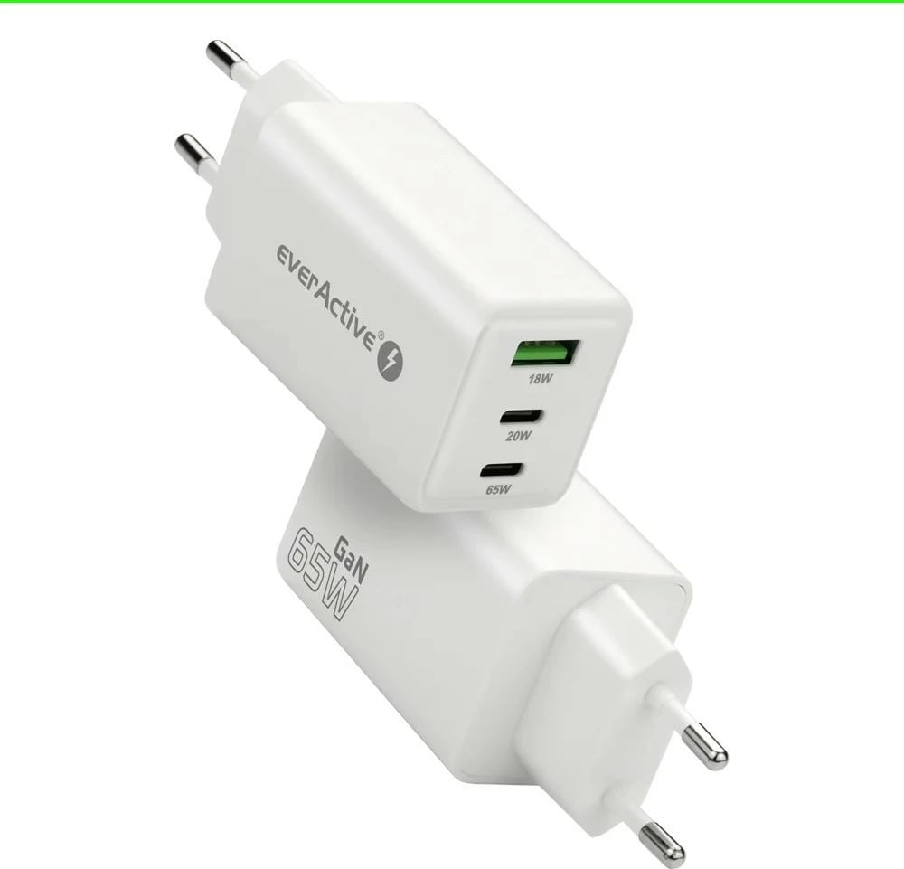 Karikues muri GaN, everActive SC-655Q, 65W, 1x USB + 2x USB-C, PD/PPS/QC4+, i bardhë