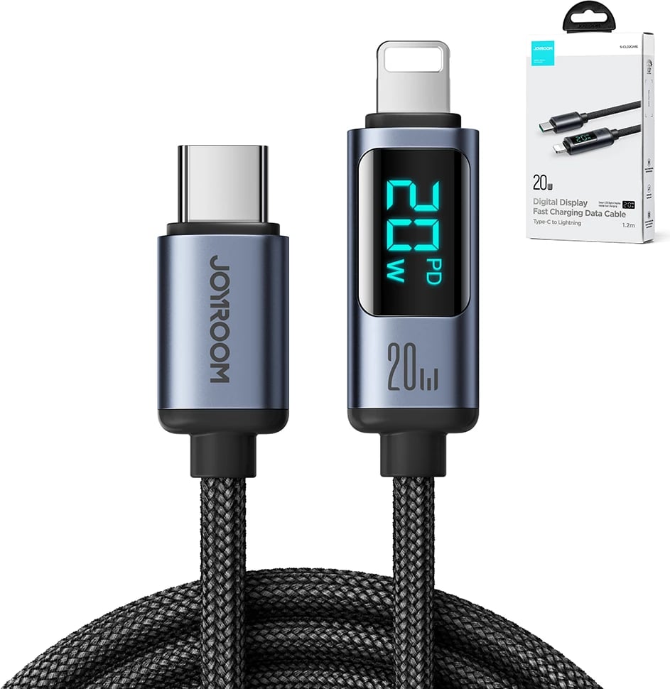 Kabllo Joyroom Prism Series A16, USB-C në Lightning, 1.2m, 20W, me ekran LED, e zezë