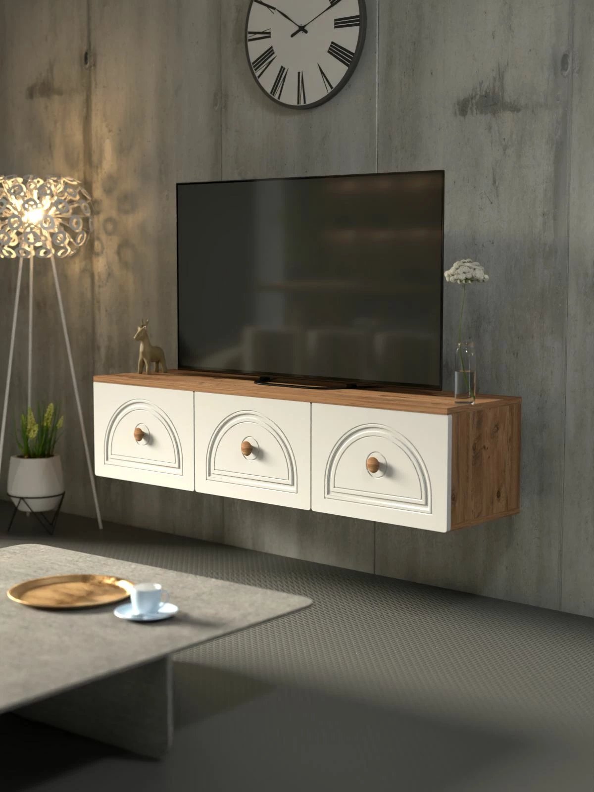 Komodë për TV Virella 135, Skye Decor, ngjyrë Atlantic Pine dhe e bardhë