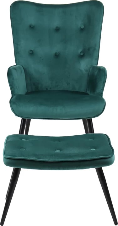 Fotel me puf Siella, kadife e gjelbër e errët, këmbë metalike të zeza, 59x67x94cm