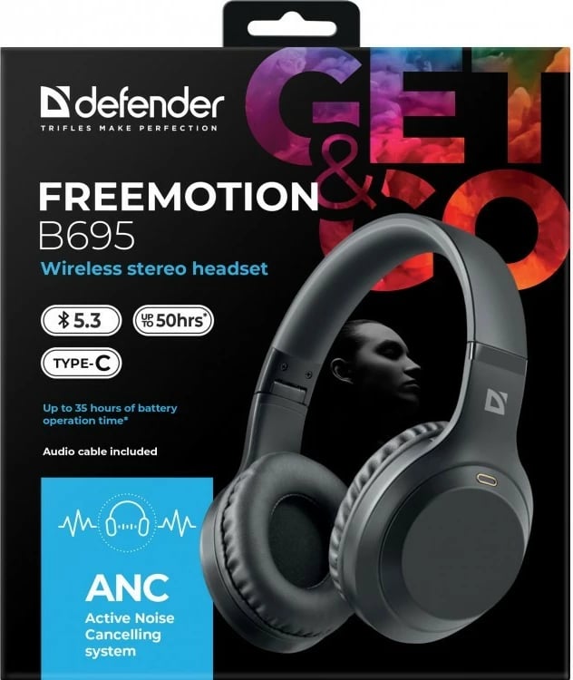 Kufje pa tela Defender Freemotion B695 me ANC, Bluetooth 5.4, të zeza