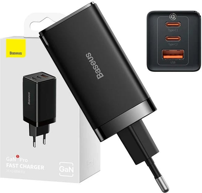 Karikues elektrik Baseus GaN5 Pro, 65W, 2x USB-C + USB, i zi