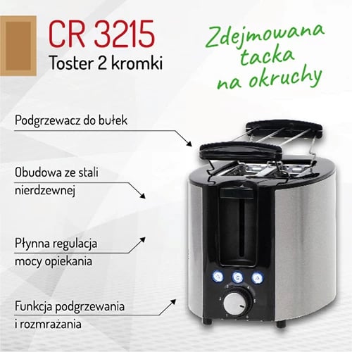 Toster Adler CR 3215, 2 feta, 1000W max, inox/zezë