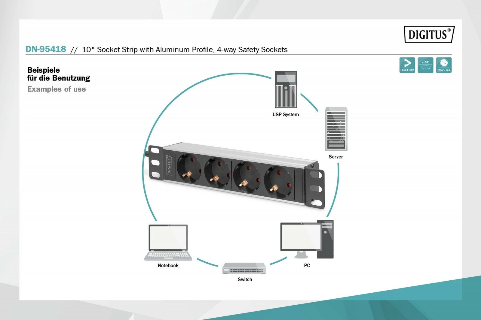 Prizë rack Digitus DN-95418, 4xSchuko, 10", 2m, Alumini, Zezë/Argjendtë