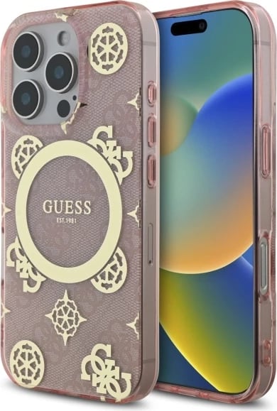 Mbështjellës Guess IML Peony On 4G Background MagSafe për iPhone 16 Pro, Rozë