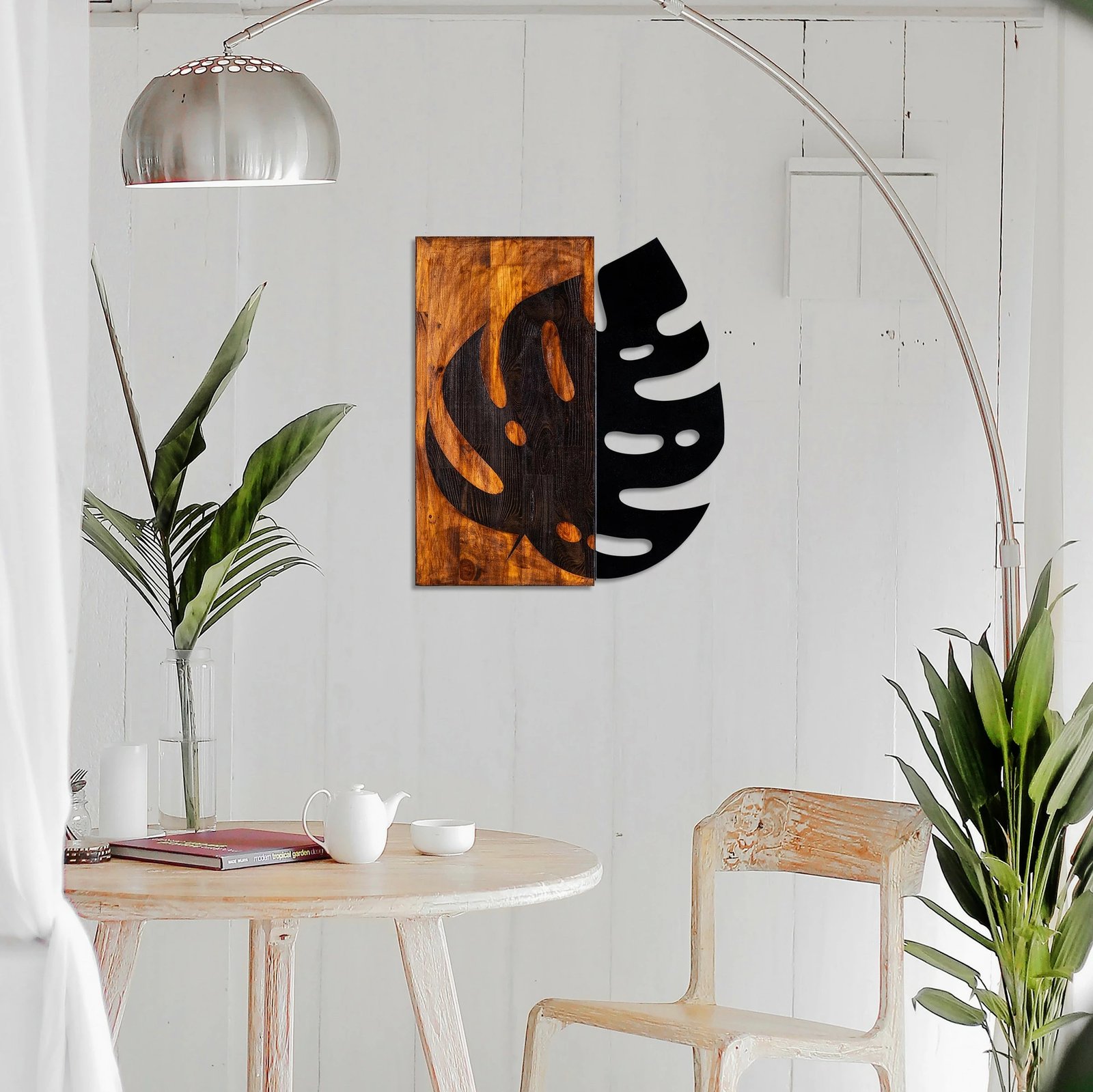 Aksesor dekorativ për mur, dru dhe metal, gjethe, Wallity, ngjyrë arre dhe e zezë, 52x58cm