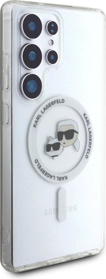 Mbështjellës Karl Lagerfeld Button Karl & Choupette Heads Printed Logo MagSafe për Samsung Galaxy S25 Ultra, Bardhë