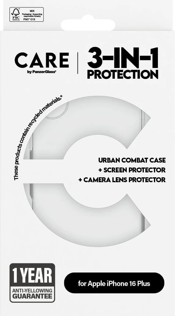 Mbështjellës PanzerGlass CARE Flagship 3-in-1 për iPhone 16 Plus, transparent