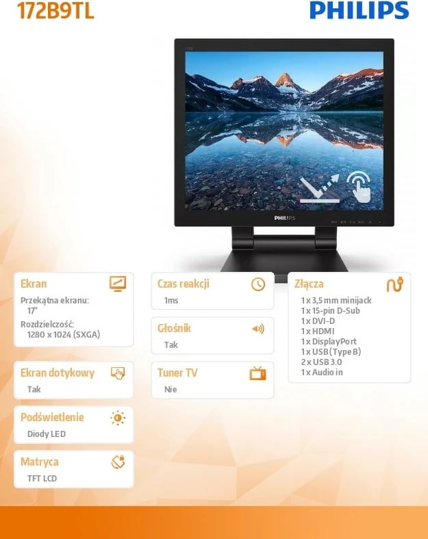 Monitor Philips 172B9TL, 17", LED Touch, HDMI, DP, DVI, i zi