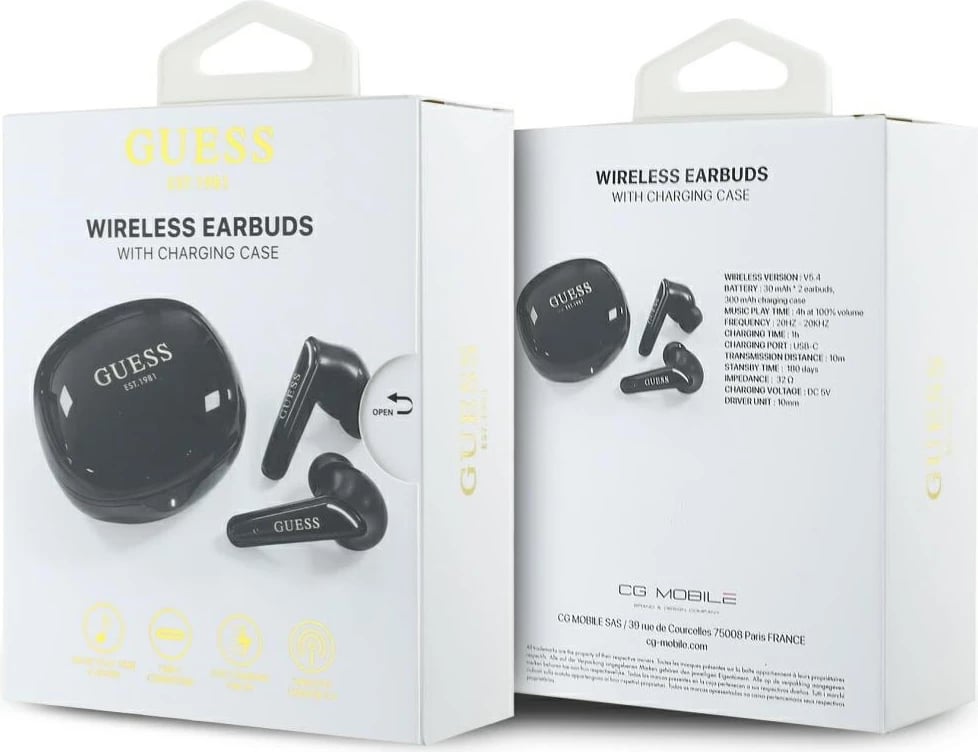 Kufje TWS Guess Flat Classic Logo, Bluetooth 5.4, me dok karikimi, të zeza Kufje TWS Guess Flat Classic Logo, Bluetooth 5.4, me dok karikimi, të zeza