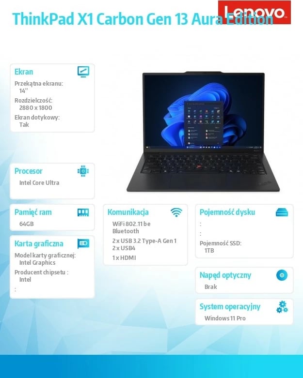 Ultrabook Lenovo ThinkPad X1 Carbon Gen 13 Aura Edition, Intel Core Ultra 7 265U, 64GB RAM, 1TB SSD, 14" 2.8K Touch, Windows 11 Pro, E zezë