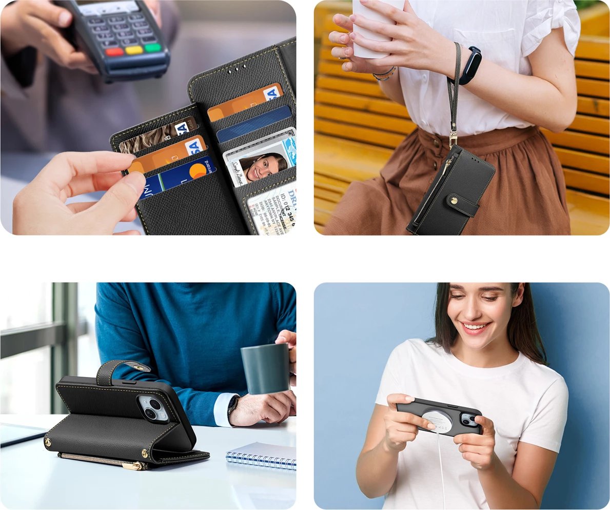 Mbështjellës Dux Ducis Lawa për iPhone 15, lëkurë, me portofol magnetik, e zezë