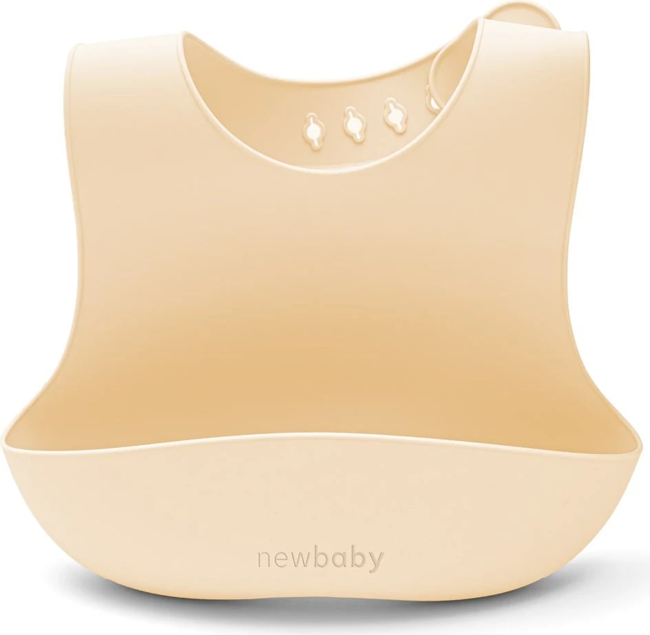 set ushqyerje silikon për fëmijë, New Baby, pjatë 3-ndarje me thithëse, tas me doreza e thithëse, lugë e pirun me doreza druri, përparëse me xhep, bezhë