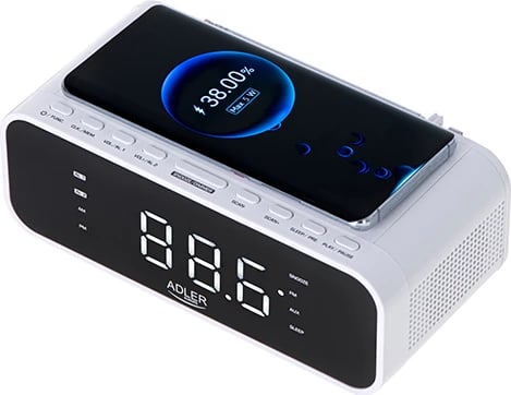 Orë alarmi me radio dhe karikues pa tel, Adler AD 1192, Bluetooth 5.0, FM, altoparlant stereo 5W, USB 1A, jo‑Qi, e bardhë