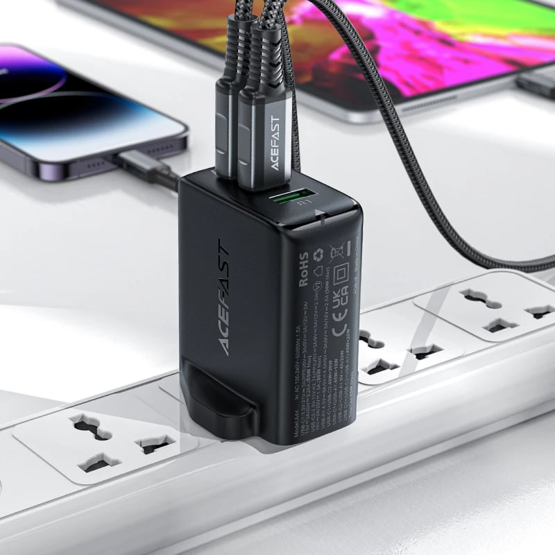 Karikues muri Acefast A44, 65W, 3 porta (2xUSB-C, 1xUSB-A), GaN, prizë UK, Bardhë
