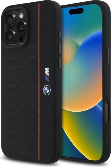 Mbështjellës BMW Silicone Hexagon Red Line MagSafe për iPhone 16 Pro Max, Zi
