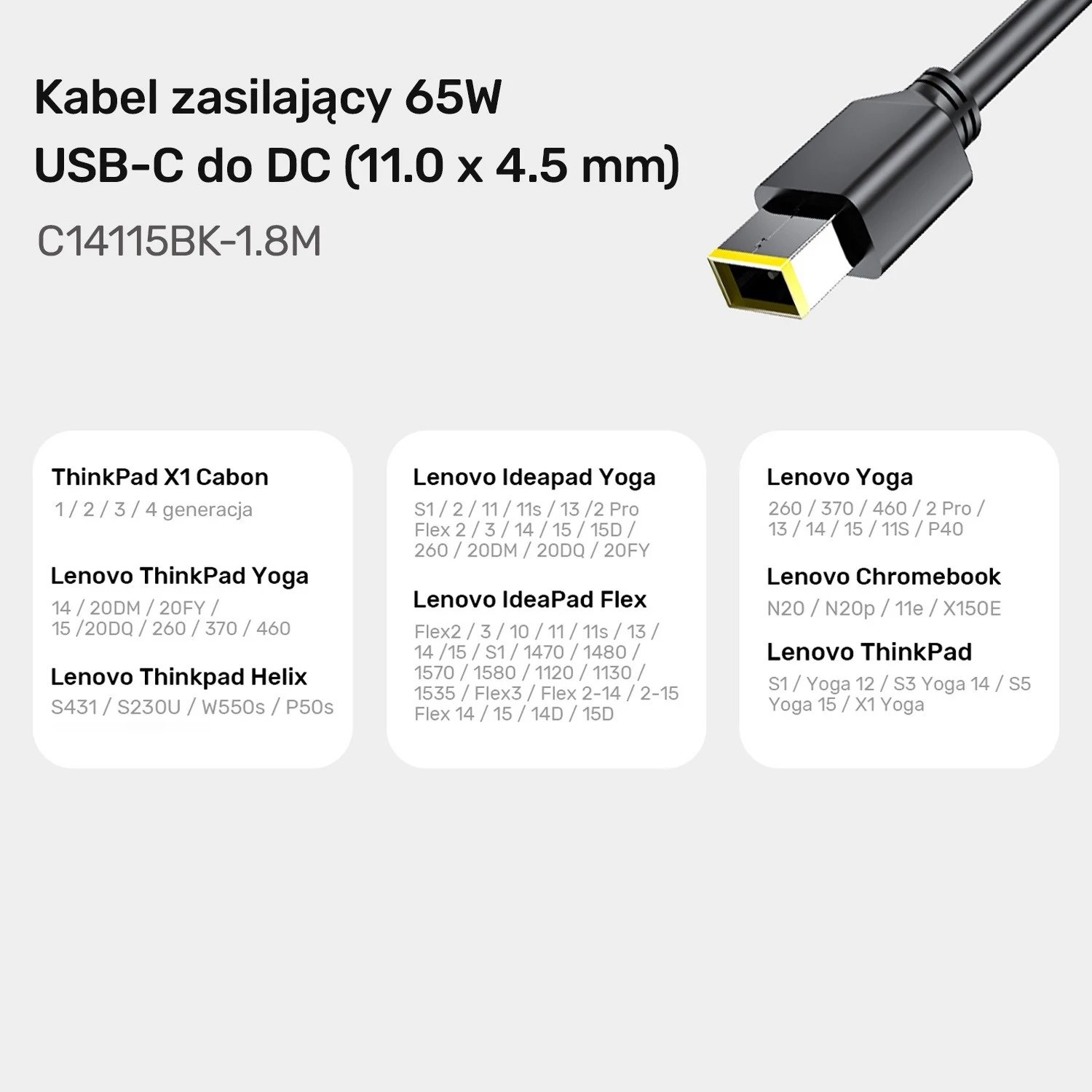 Kabeli i Energjisë për Laptop Unitek 65W USB-C - DC11*4,5mm, i zi