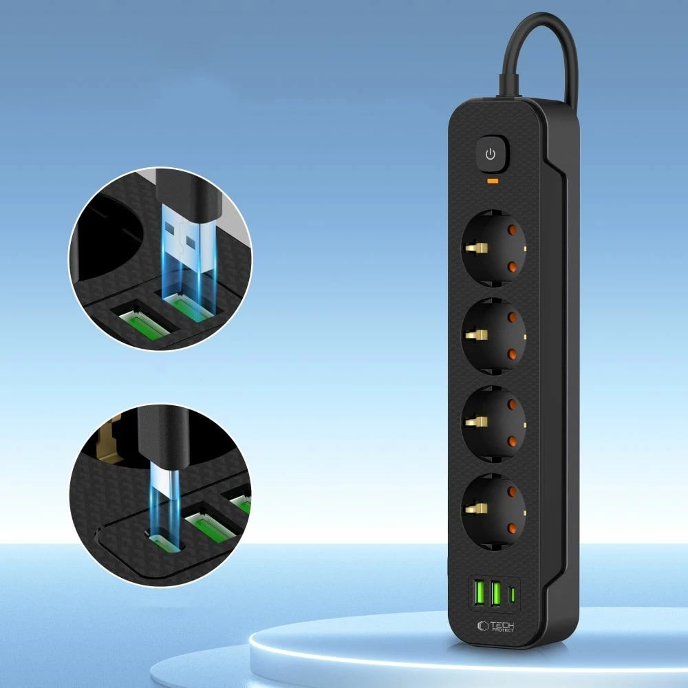 Prizë elektrike Tech-Protect PCL4X3 me 4 dalje, 2xUSB-A, 1xUSB-C, 200 cm, e zezë