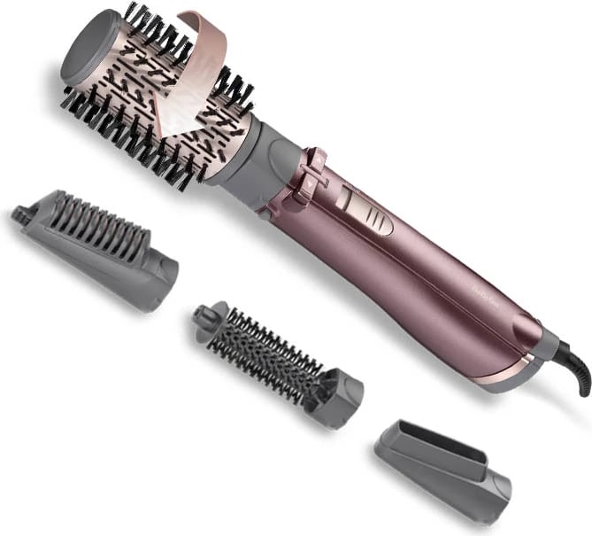 Furçë rrotulluese flokësh me ajër të nxehtë, BaByliss AS960E, 1000W, 4-në-1, jonizim, 2 nivele temperature, me shtojca, rozë metalike