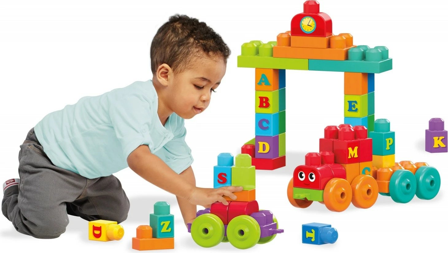 Set lodrash ndërtimi Mega Bloks First Builders DXH35, tren ABC, 60 pjesë, shumëngjyrësh