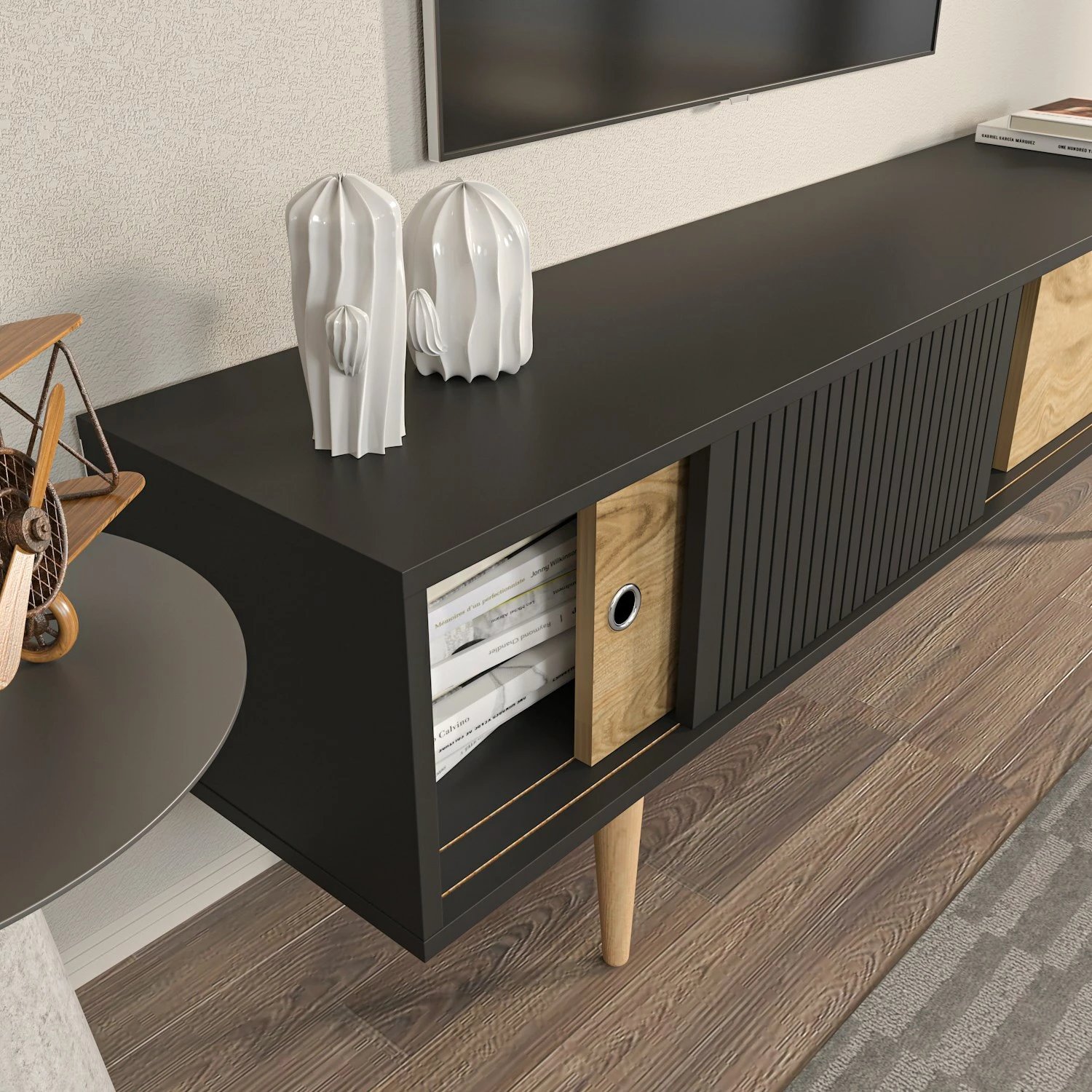 Komodë TV Skye Decor, ngjyrë antracit-dru lisi