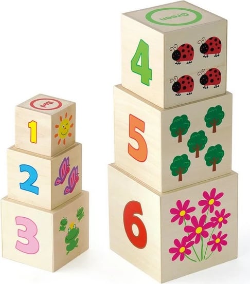 piramidë druri grumbulluese, Viga City, 6 kube, edukative, shumëngjyrëshe