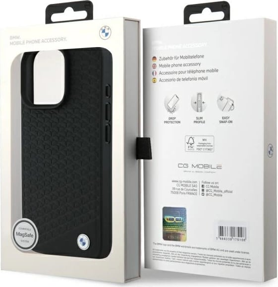 Mbështjellës BMW Sign Leather Diamond Metal Logo MagSafe për iPhone 16 Pro, i zi