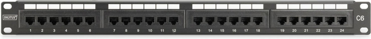 Patch Panel, Digitus DN-91624U-CR, 19" 1U, 24x RJ45 CAT 6 UTP, LSA vertikal me udhëzues kabllosh dhe fusha etiketime, e zezë