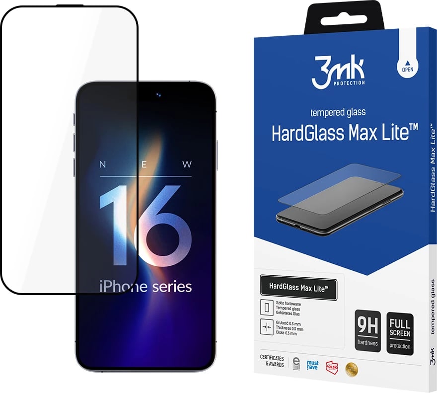 Xham i temperuar 3mk HardGlass Max Lite për iPhone 16 Pro, me kornizë të zezë