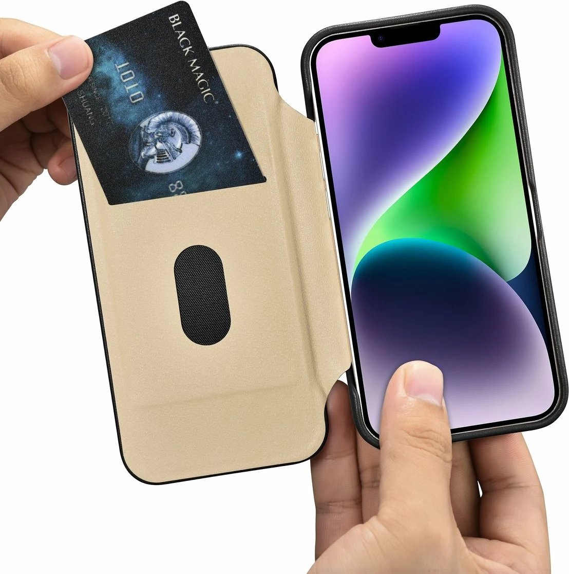 Mbështjellës iCarer CE Premium lëkurë për iPhone 14 Plus, MagSafe, i zi