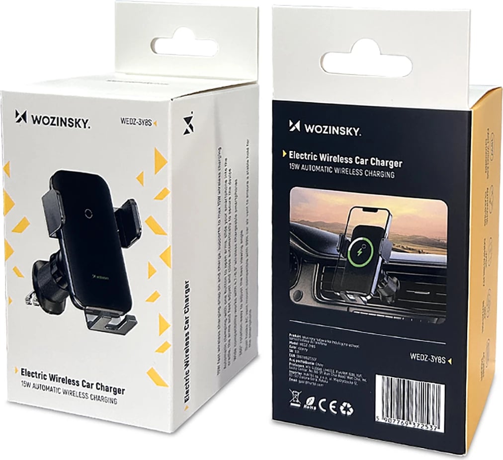 Mbajtës telefoni me karikues wireless Wozinsky WEDZ-3Y8S për veturë, 15W, i zi