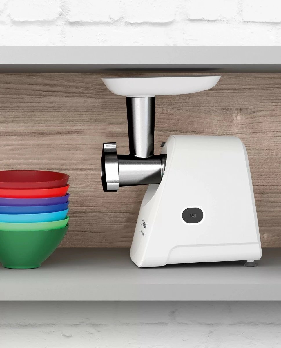 Grirëse mishi, Bosch, MFW2514W, 1500W 1.7 kg/min, sita 3.8/8 mm, me nasadë salsiçe dhe prerëse me 3 daulle, e bardhë